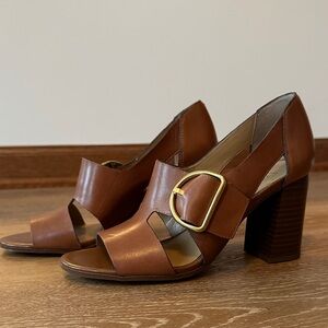 Franco Sarto Brown Leather Heels with Gold Buckle, size 6.5